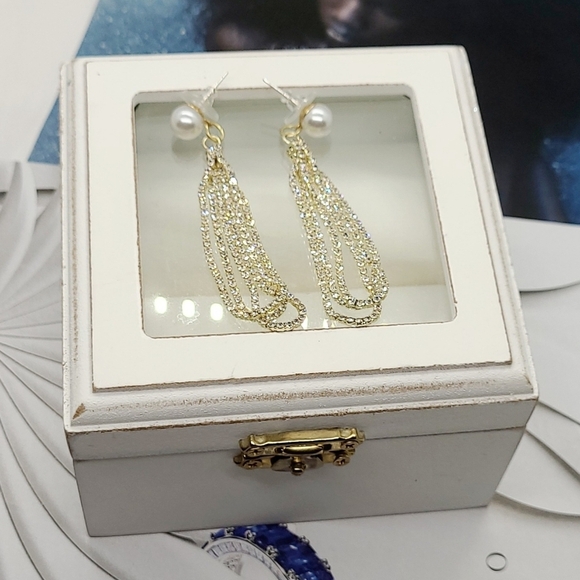 Vintage Glamourous Pearl Long Pave Set Crystal Water Drop Earrings - Picture 8 of 15